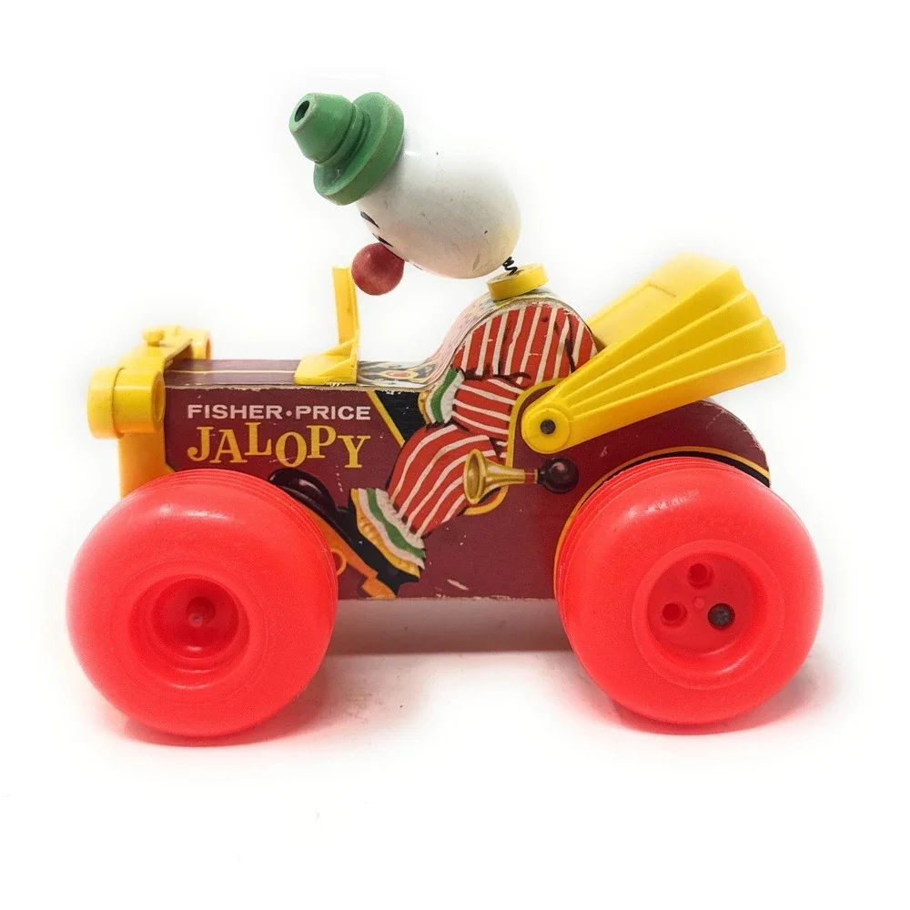 VINTAGE 1965 Fisher Price Jalopy‎ #724 Circus Clown Car Wood Pull Toy Nodder